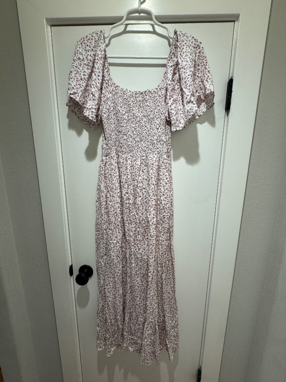 Smocked Bodice Midi Dress in Light Pink Floral